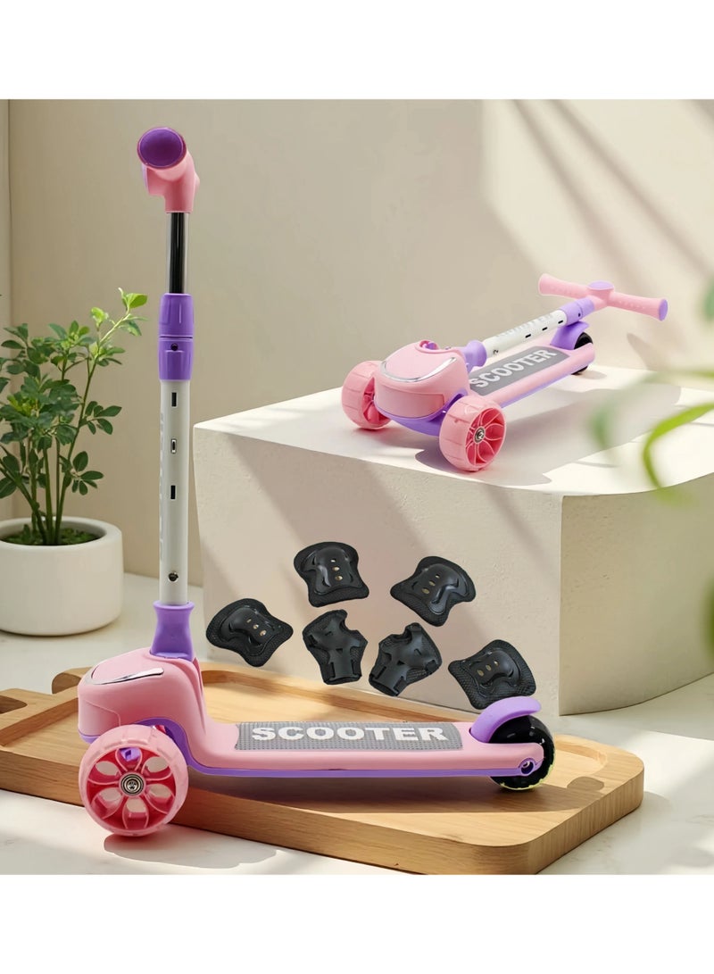 EASY FUTURE Including Protective Gear Set Foldable Kids Scooter with Height-Adjustable Handle, LED PU Wheels, Rear Brake & Music – Ideal for 3-8 Years - Image 1