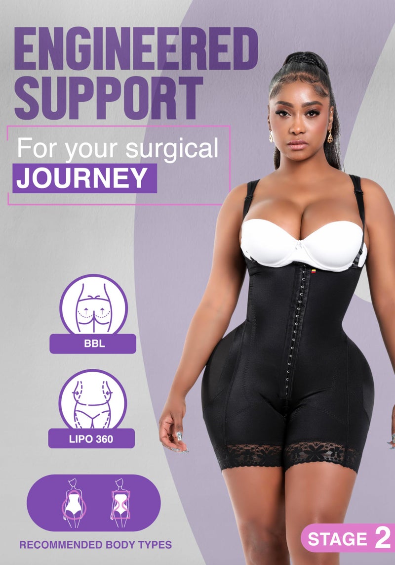 Snatched Body Post Surgery Tummy Control Shapewear Bodysuit | Stage 2 Faja Short Leg | Fajas Colombianas for Post-Op BBL Black 2XL - Image 2