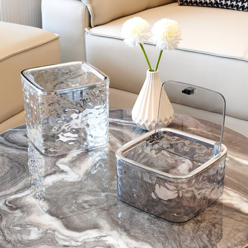 Desktop trash can Mini Push-type elastic cover sanitary bucket Glacier pattern Peel melon seed shell garbage car trash can(Transparent gray large elastic cover) - Image 4