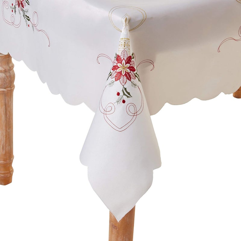 Violet Linen Embroidered Candle White Christmas Table Topper 36 Square Poinsettia - Image 1