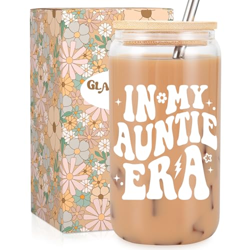 Fairy's Gift Aunt Era Cup Tumbler, Cute 16 oz Iced Coffee Glass Cup w/Lid Straw, Aunt Gifts Ideas, Christmas, Birthday Presents for Best Auntie, New Aunty, Cool Auntie Gifts from Niece Nephew - Image 1