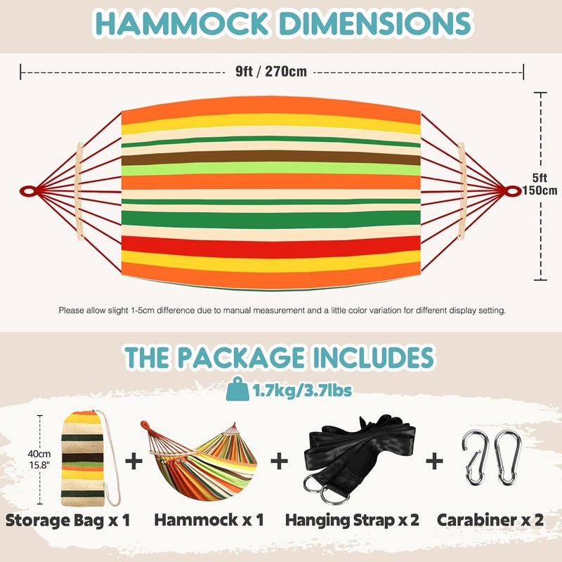 Anyoo Garden Cotton Hammock Comfortable Fabric Hammock with Spreader Bar Durable Hammock Up to 450lbs Portable Lightweight Hammock with Travel Bag,Perfect for Camping Outdoor/Indoor Patio Backyard - Image 2