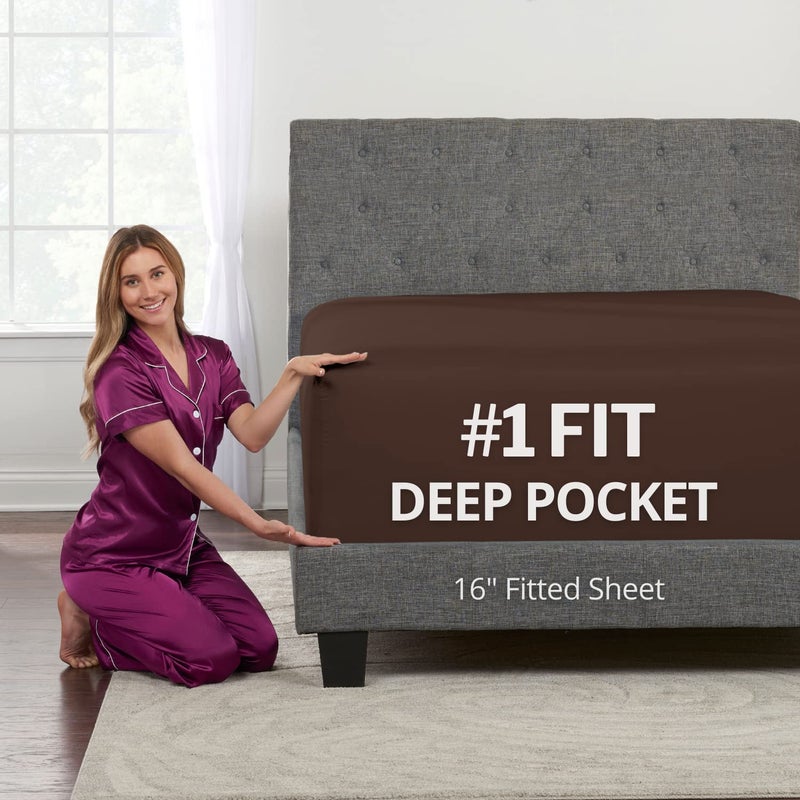 DeaLuxe Kids Twin Fitted Sheet Only - Real 16  Twin Deep Pocket Fitted Sheet Fit Perfectly 14 -18  Deep Mattress & Toppers - Lovely Twin Fitted Sheets - 1 Piece Fitted Bed Sheets - Fitted Sheet Twin Brown - Image 1
