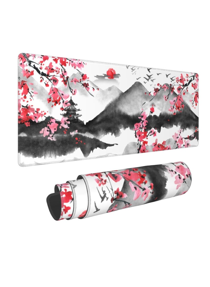 Excefore Japanese Cherry Blossom Gaming Mouse Pad, 31.5 X 11.8 Inch XL Pink Watercolor Design Mousepad Extended Large Laptop Keyboard Mouse Mat Non-Slip Rubber Base with Stitched Edges for Home Office  - Image 1