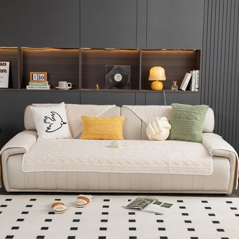 MDSASFD Geometric Jacquard Plush Warm Sofa Couch Cover, Soft Funny Fuzzy Couch Covers, Non Slip Sectional Sofa Slipcover, Cozy Washable Furniture Protector for Kids, Pets (Beige White, 28"x 28") - Image 5