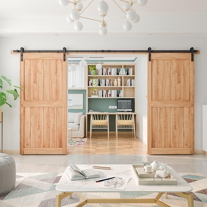 SMARTSTANDARD 13ft Heavy Duty Sturdy Double Sliding Barn Door Hardware Kit -Smoothly and Quietly -Easy to Install -Includes Installation Instruction Fit 39" Wide Door Panel (I Shape Hanger) - Image 5