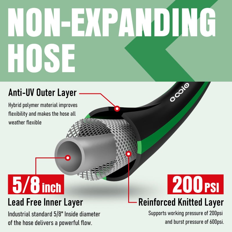 EOOIO Garden Hose 25ft with 10 Function Nozzle, NON-EXPANDABLE Flexible Water Hose, Kink Resistant Lightweight Hybrid Hose, Leakproof Hose Male to Female Fittings - Image 5