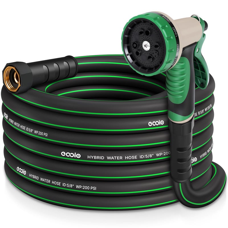 EOOIO Garden Hose 25ft with 10 Function Nozzle, NON-EXPANDABLE Flexible Water Hose, Kink Resistant Lightweight Hybrid Hose, Leakproof Hose Male to Female Fittings - Image 1