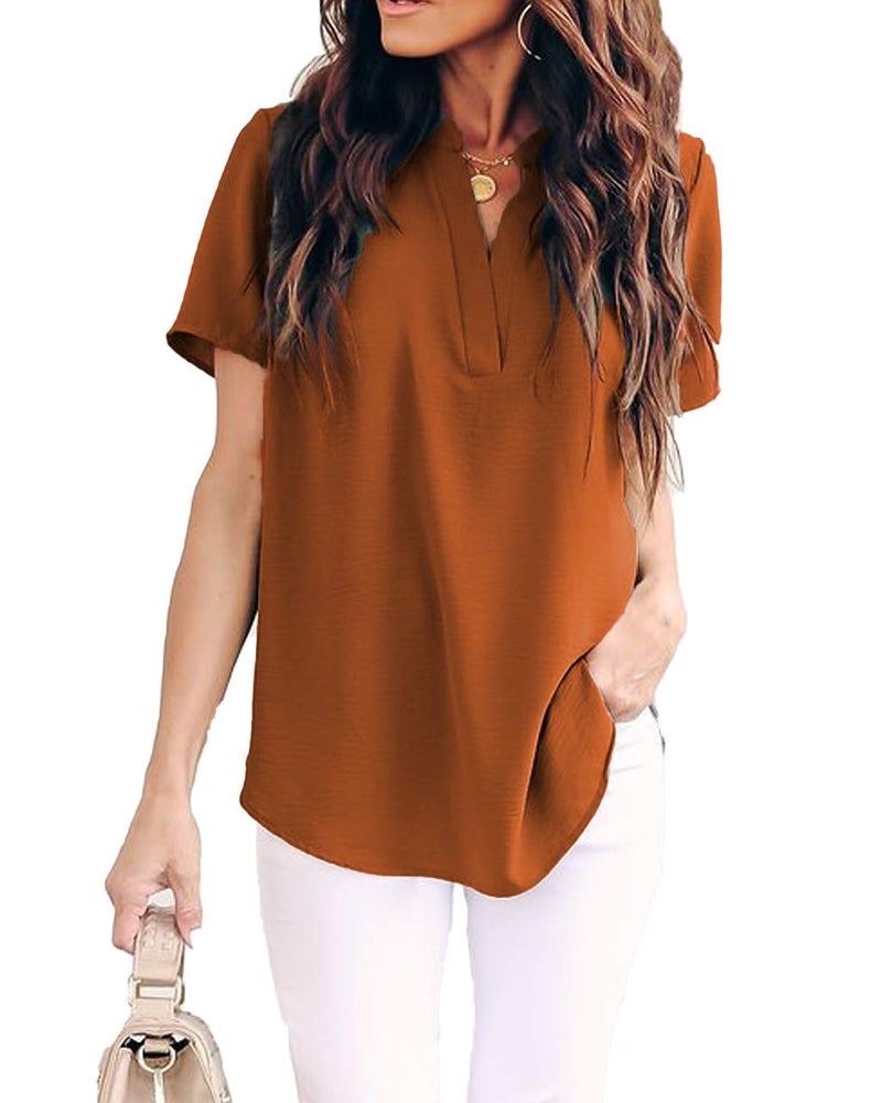 Allimy Women Summer Short Sleeve Shirts Casual V Neck Chiffon Tops and Blouses Small Orange - Image 2