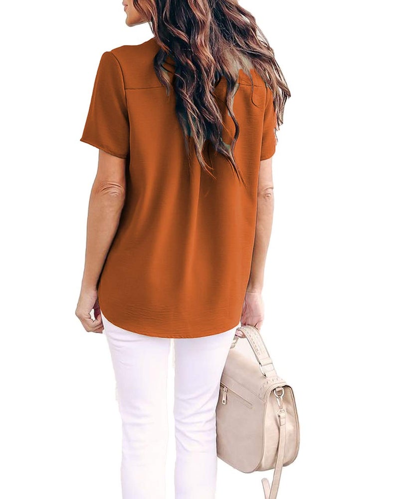 Allimy Women Summer Short Sleeve Shirts Casual V Neck Chiffon Tops and Blouses Small Orange - Image 4