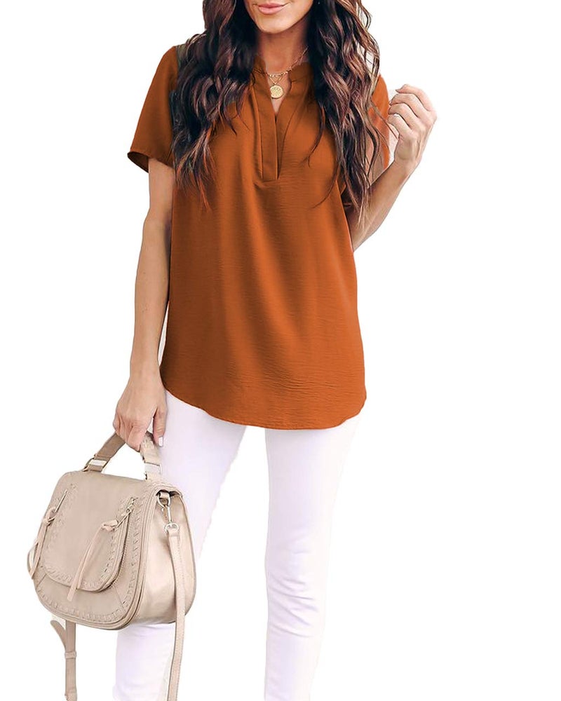 Allimy Women Summer Short Sleeve Shirts Casual V Neck Chiffon Tops and Blouses Small Orange - Image 3
