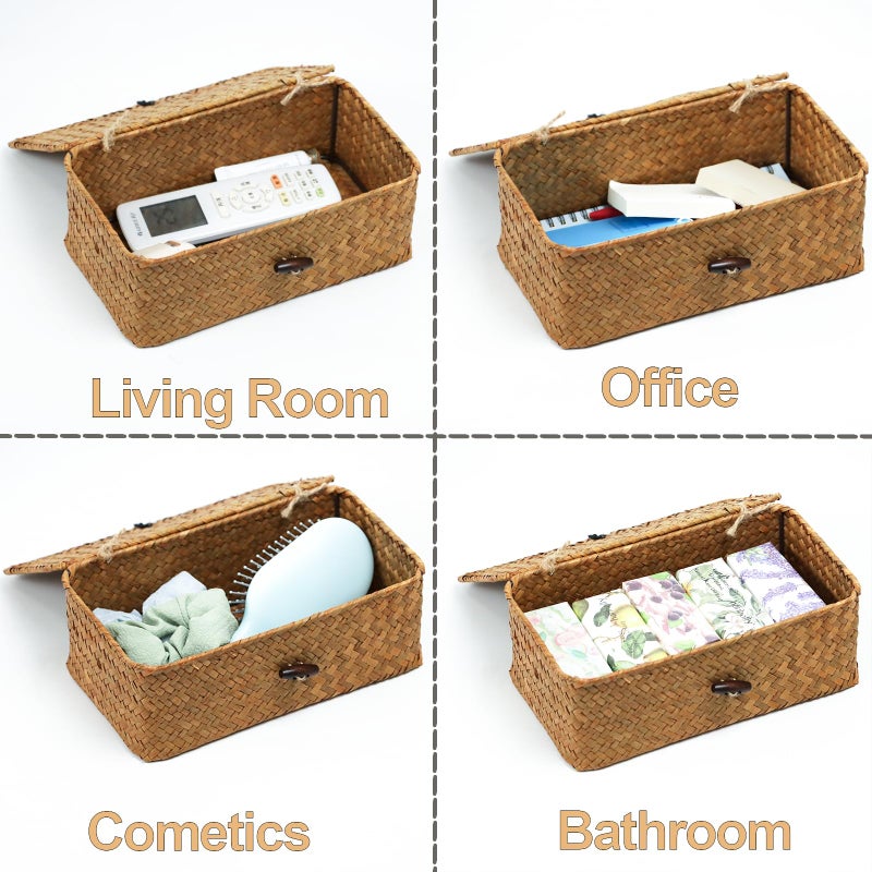 ORDELITE Wicker Storage Basket with Lid, Natural Seagrass Storage Baskets for Organizing, Rectangular Woven Basket for Storage, Decorative Boxes Bins with Lids Home Organizer Decor - Image 3