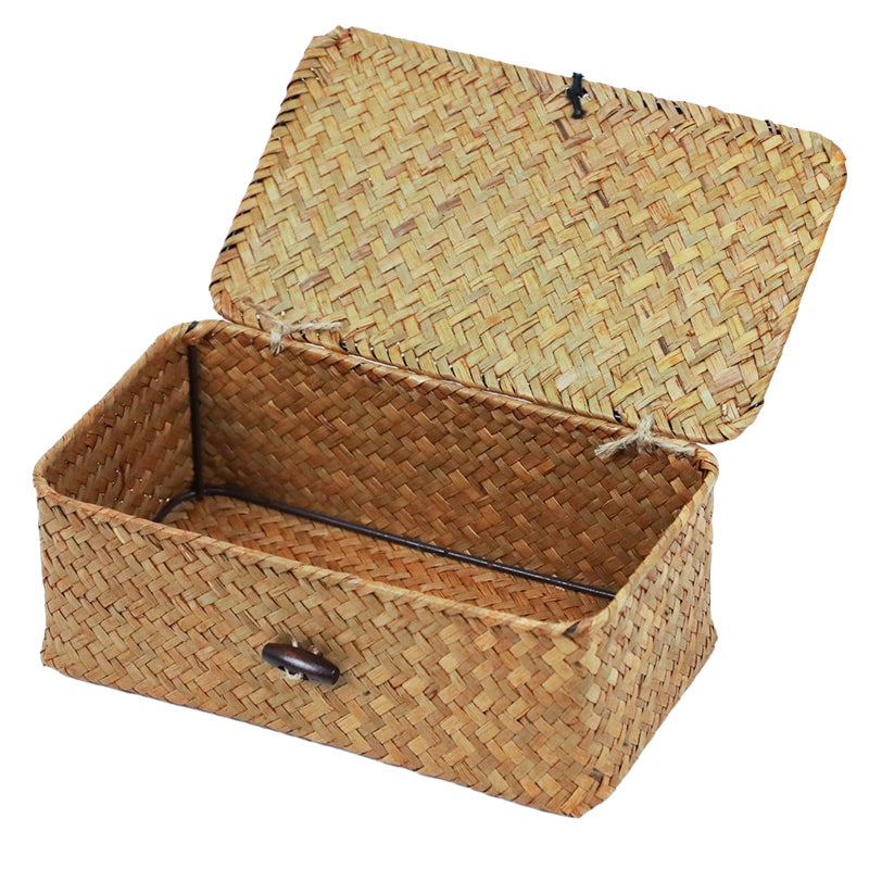 ORDELITE Wicker Storage Basket with Lid, Natural Seagrass Storage Baskets for Organizing, Rectangular Woven Basket for Storage, Decorative Boxes Bins with Lids Home Organizer Decor - Image 1