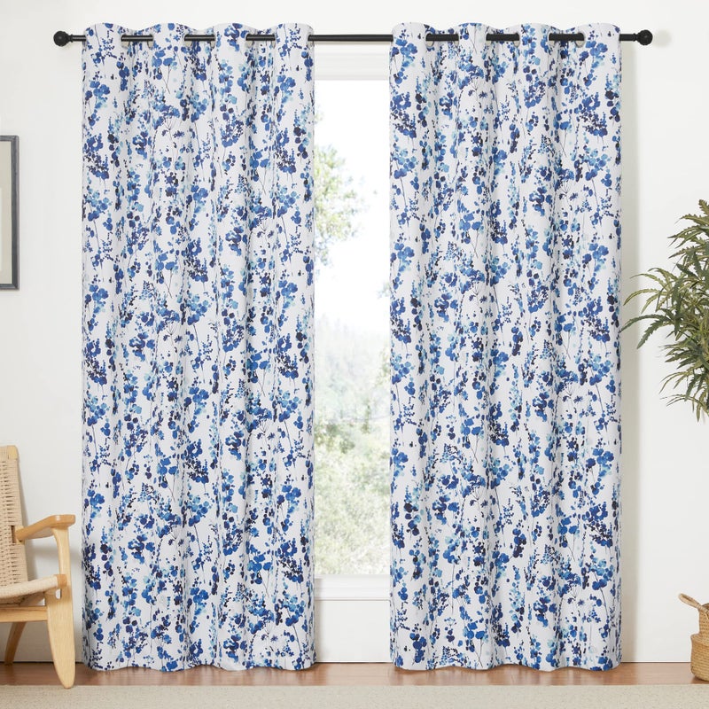 KGORGE Thermal Insulating Curtains Blackout  Floral Leaf Farmhouse Print Curtains for Living Room Bedroom Home Office Kids Nursery 2 Panels 52 inches Width x 84 inches Length Blue