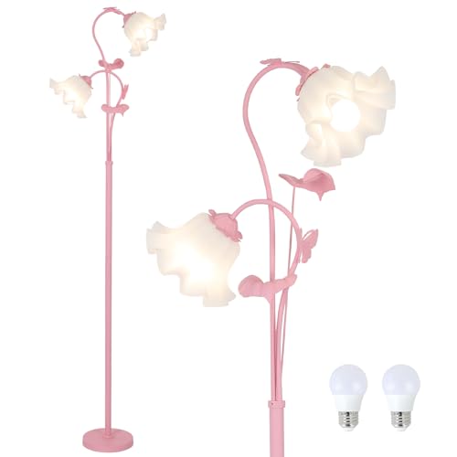 HMVPL Pink Flower Floor Lamp, Floral Standing Lamp with 2 LED 5W Blubs, Foot Switch, Modern Corner Tall Lamp with Acrylic Shade, Girls Cute Floor Lamp for Living Room Bedroom Office Kids Reading - Image 1