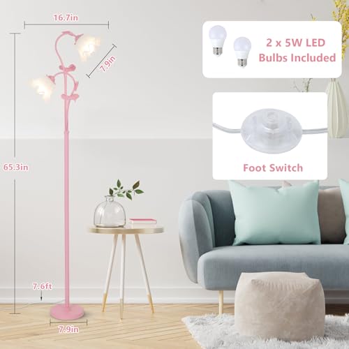 HMVPL Pink Flower Floor Lamp, Floral Standing Lamp with 2 LED 5W Blubs, Foot Switch, Modern Corner Tall Lamp with Acrylic Shade, Girls Cute Floor Lamp for Living Room Bedroom Office Kids Reading - Image 4