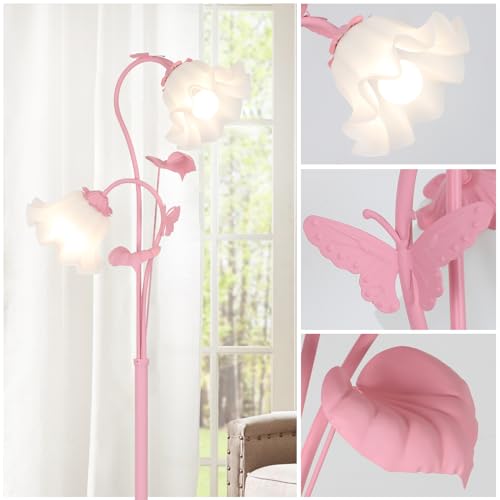 HMVPL Pink Flower Floor Lamp, Floral Standing Lamp with 2 LED 5W Blubs, Foot Switch, Modern Corner Tall Lamp with Acrylic Shade, Girls Cute Floor Lamp for Living Room Bedroom Office Kids Reading - Image 3
