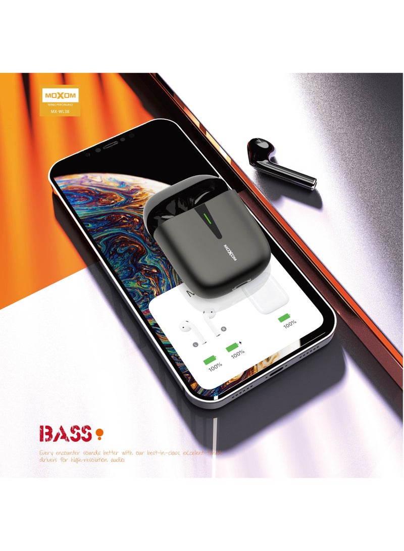 MOXOM TWS Wireless Earbuds Bass Bluetooth 5.0 True Wireless Headphone with 300mAh Charging Case MX WL38 Black - Image 5