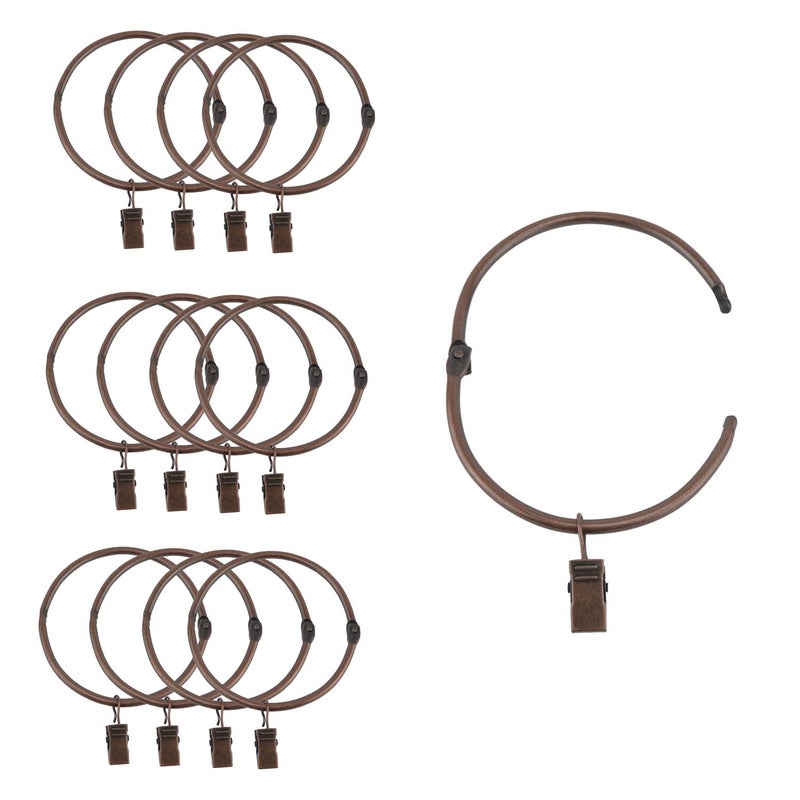 Suneration 12 Pack Openable Curtain Rings with Clips Metal Hangers Ring 3 inch Interior Diameter Rust Proof for Heavy Duty Vintage Decorative Drapery Eyelet Curtain Rods Red Patina