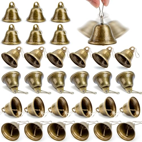 MCPINKY 34PCS Craft Bells, Small Brass Bells with Spring Hooks Hanging for Homes, Wedding Party Decorations, Keychain, Hanging Wind Chimes, 1.7" X 1.5", Vintage - Image 1