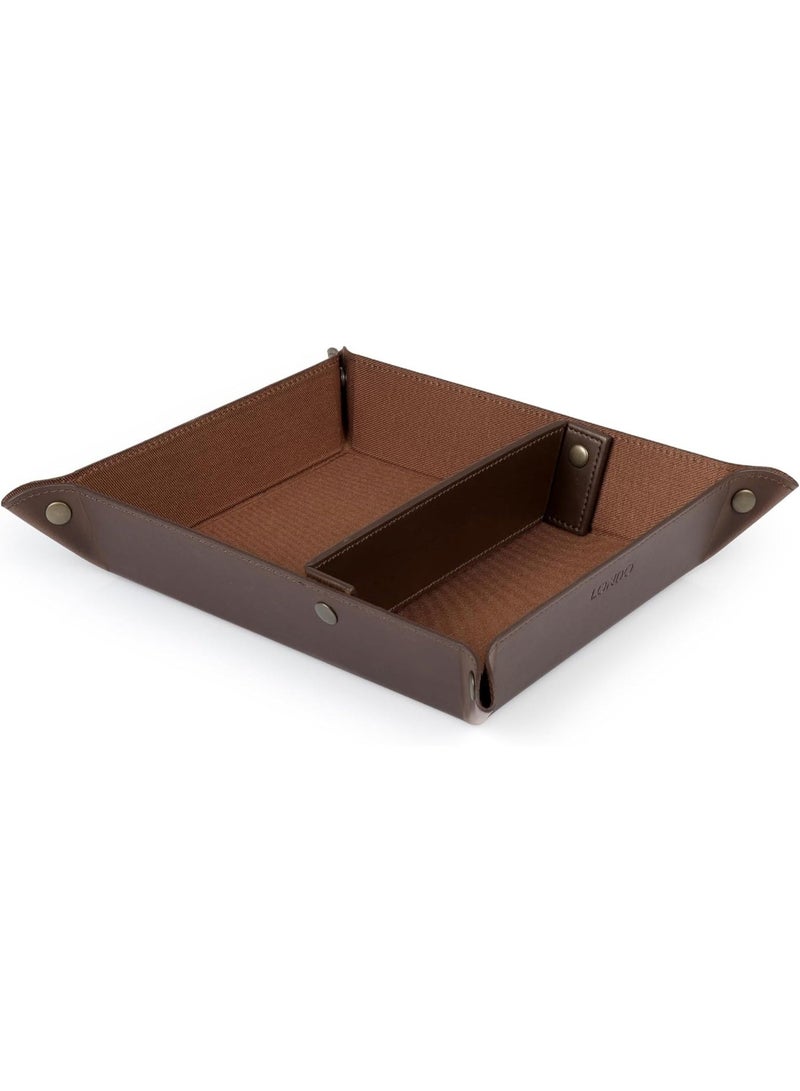 Londo PU Vegan Leather Valet Tray for Men — Catchall EDC for Keys, Wallet, Watch, AirPods — Nightstand & Entryway Tray, Snap Corners Fold Flat for Travel, 9.45 x 7.87 in, Dark Brown - Image 1