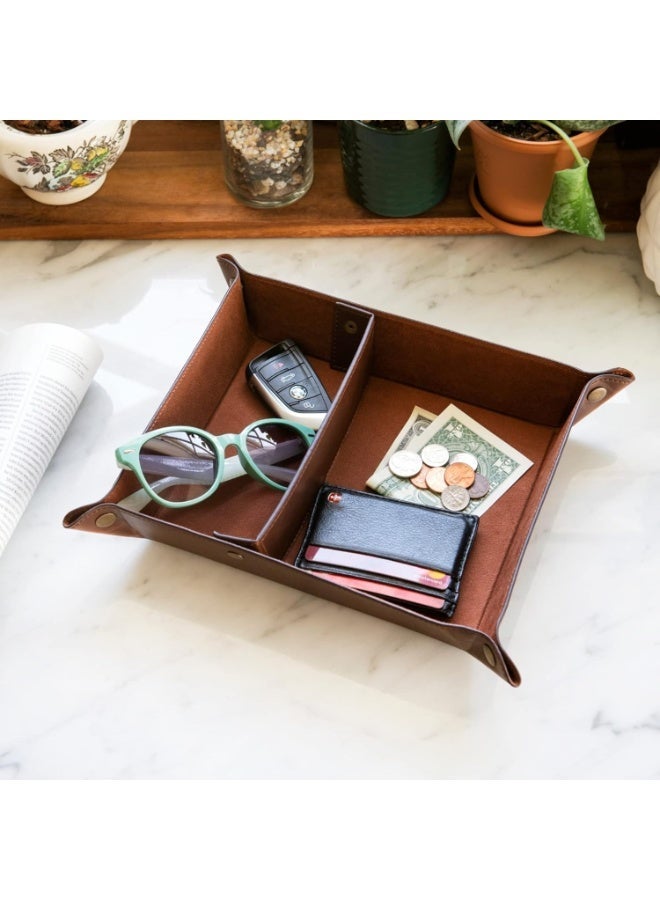Londo PU Vegan Leather Valet Tray for Men — Catchall EDC for Keys, Wallet, Watch, AirPods — Nightstand & Entryway Tray, Snap Corners Fold Flat for Travel, 9.45 x 7.87 in, Dark Brown - Image 2
