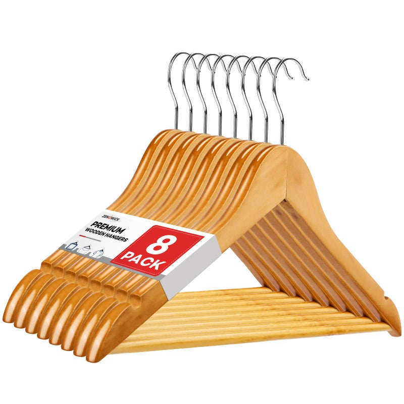 ZENOWICK Wooden Hangers 8 Pack, Heavy Duty Wood Hangers for Coats, Suits, Jackets, Closet & Pants Durable Premium Wood Hanger with 360-Degree Rotatable Hook and Notches, Natural - Image 1