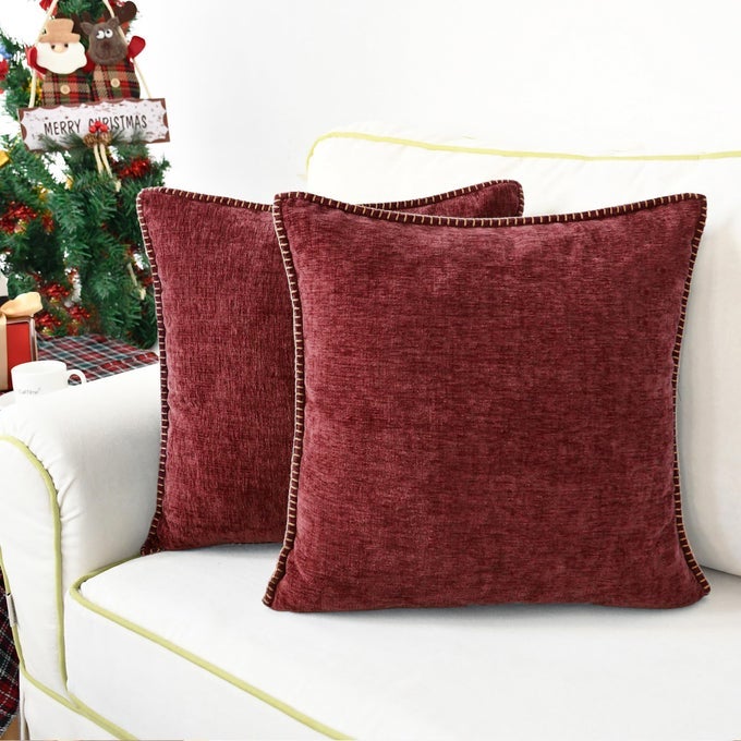 THROW PILLOW COVERS DECORATIVE 18 X 18 INCHES PACK OF 2 COTTON THREAD STITCHING EDGES SOLID DYED SOFT CHENILLE CUSHION CASES FOR COUCH SOFA BED LIVING ROOM FARMHOUSE BURGUNDY