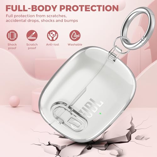 OTOPO غطاء شفاف مع قفل ومجموعة تنظيف متوافق مع JBL Vibe 200TWS / JBL Vibe Beam / Beam 2، غطاء واقي شفاف من TPU للرجال والنساء مع كارابينر لعلبة شحن JBL Vibe Beam 2 - شفاف - Image 2