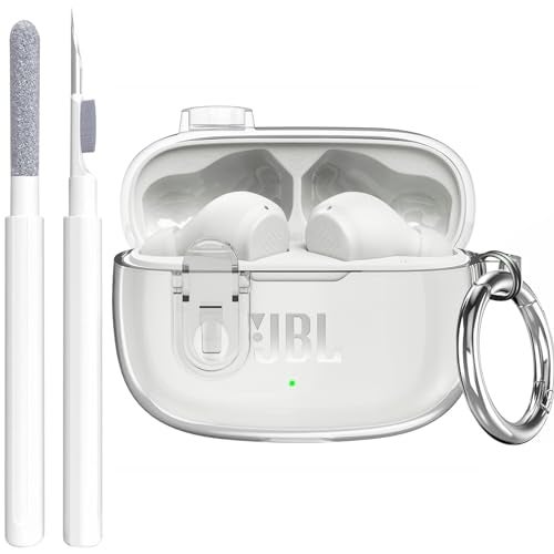 OTOPO غطاء شفاف مع قفل ومجموعة تنظيف متوافق مع JBL Vibe 200TWS / JBL Vibe Beam / Beam 2، غطاء واقي شفاف من TPU للرجال والنساء مع كارابينر لعلبة شحن JBL Vibe Beam 2 - شفاف - Image 1