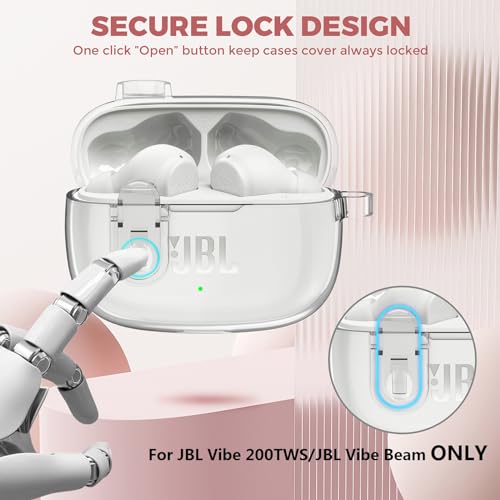 OTOPO غطاء شفاف مع قفل ومجموعة تنظيف متوافق مع JBL Vibe 200TWS / JBL Vibe Beam / Beam 2، غطاء واقي شفاف من TPU للرجال والنساء مع كارابينر لعلبة شحن JBL Vibe Beam 2 - شفاف - Image 4