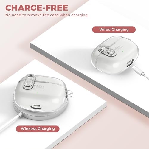 OTOPO غطاء شفاف مع قفل ومجموعة تنظيف متوافق مع JBL Vibe 200TWS / JBL Vibe Beam / Beam 2، غطاء واقي شفاف من TPU للرجال والنساء مع كارابينر لعلبة شحن JBL Vibe Beam 2 - شفاف - Image 3