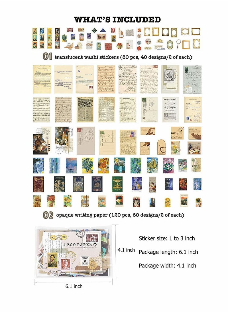 Excefore - Vintage Scrapbook Supplies Pack for Art Journaling Bullet Junk Journal Planners DIY Paper Stickers Craft Kits Notebook Collage Album Aesthetic Cottagecore Picture Frames (200 Pieces) (Artistic) - Image 1