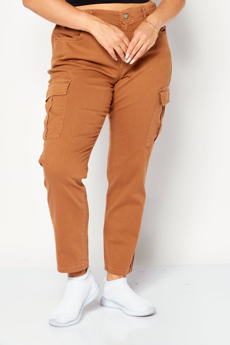More & More Women Regular Fit High Waist Cargo Pockets Denim, Brown - Image 1