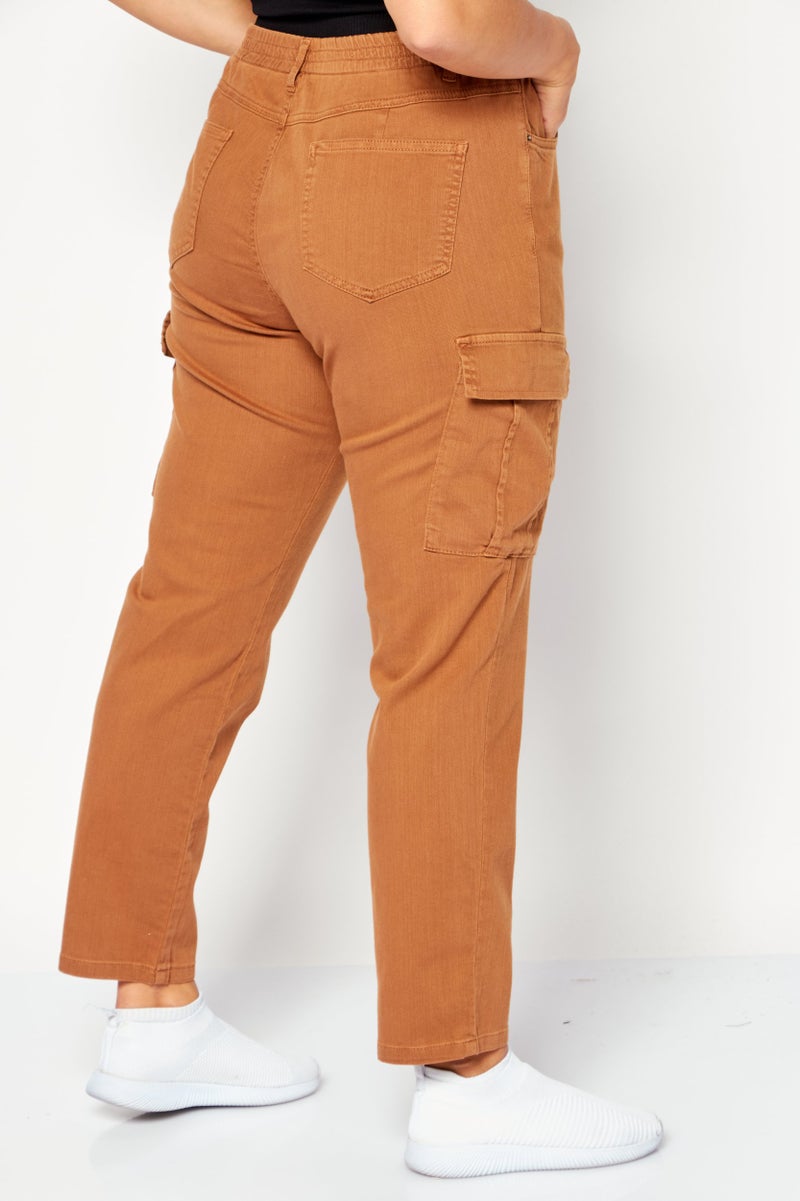 More & More Women Regular Fit High Waist Cargo Pockets Denim, Brown - Image 3