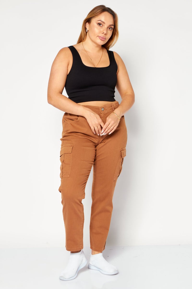 More & More Women Regular Fit High Waist Cargo Pockets Denim, Brown - Image 4