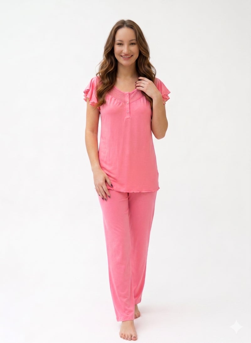 KITTY Women's Pyjama Set, Pink, V-Neck with Lace Detail - Image 1
