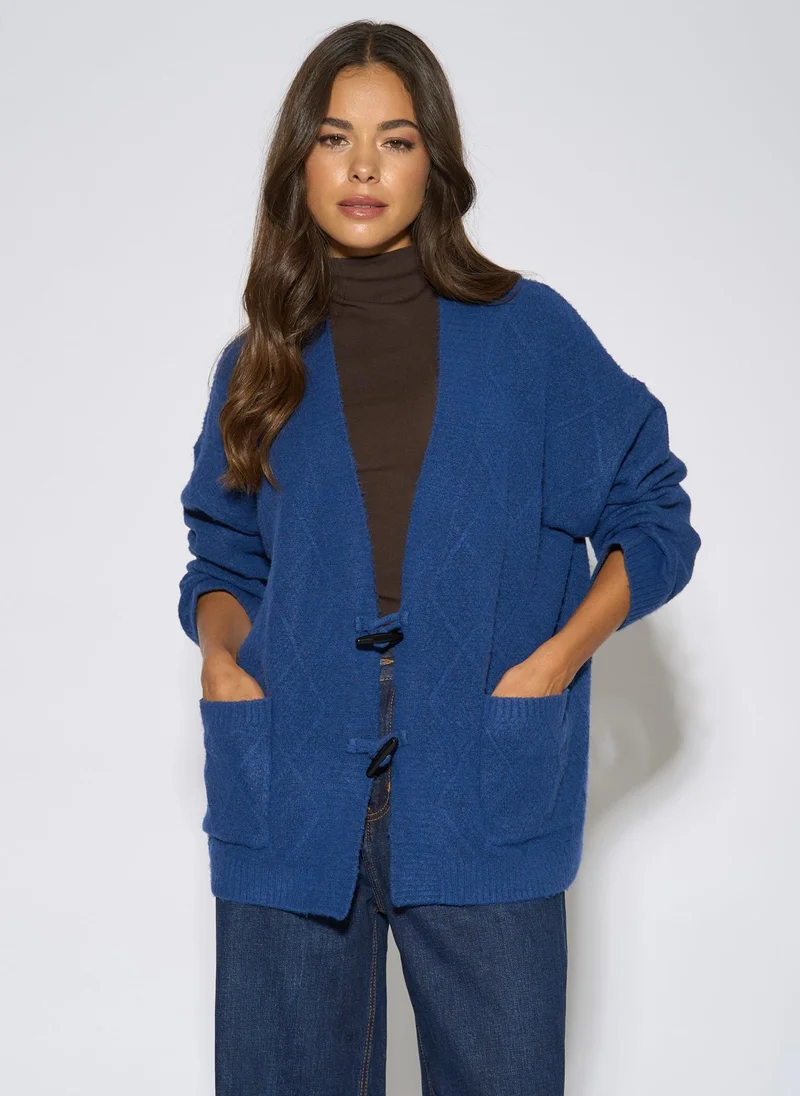 Blue Textured Button Detail Long Sleeves Cardigan