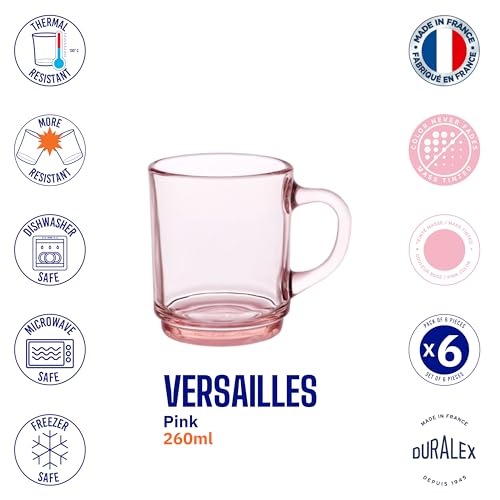 Duralex® Versailles Pink Tempered Glass Mugs | 260ml Set of 6 | Ultra-Resistant, Stackable Coffee & Tea Mugs | Microwave & Dishwasher Safe | Giftable Mug Set - Image 3