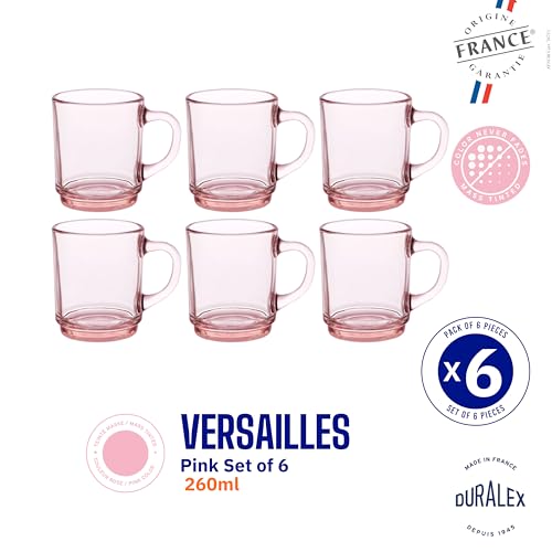 Duralex® Versailles Pink Tempered Glass Mugs | 260ml Set of 6 | Ultra-Resistant, Stackable Coffee & Tea Mugs | Microwave & Dishwasher Safe | Giftable Mug Set - Image 5