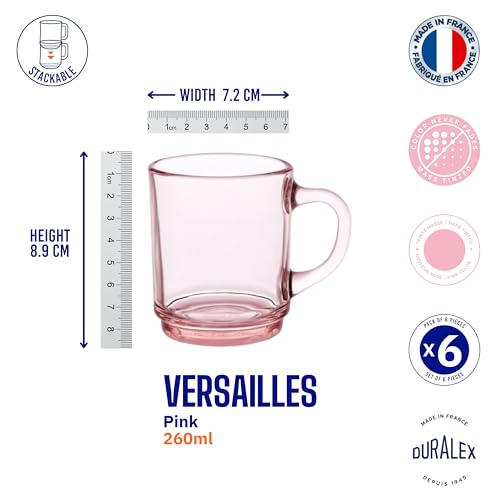 Duralex® Versailles Pink Tempered Glass Mugs | 260ml Set of 6 | Ultra-Resistant, Stackable Coffee & Tea Mugs | Microwave & Dishwasher Safe | Giftable Mug Set - Image 4