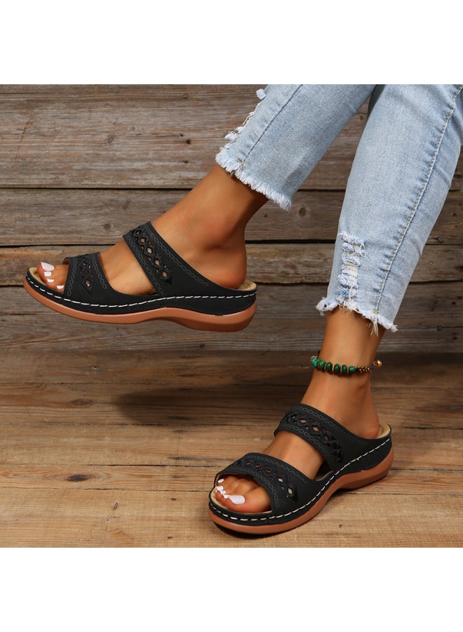 Plus-size Women's Shoes, Retro Style, Non-slip, Wedge Heel, Round Toe Sandals, Women's Slippers, New Model, Red