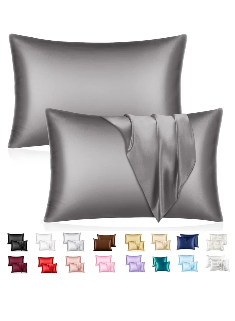 MahMir MahMir® Silk Satin Pillowcase for Hair and Skin Queen - Dark Grey Silk Pillowcase 2 Pack 76L x 51W CM (20x30 Inches) - Satin Pillow Cases Set of 2 with Envelope Closure (Dark Grey)