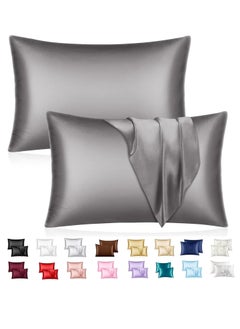 MahMir® Silk Satin Pillowcase for Hair and Skin Queen - Dark Grey Silk Pillowcase 2 Pack 76L x 51W CM (20x30 Inches) - Satin Pillow Cases Set of 2 with Envelope Closure (Dark Grey)