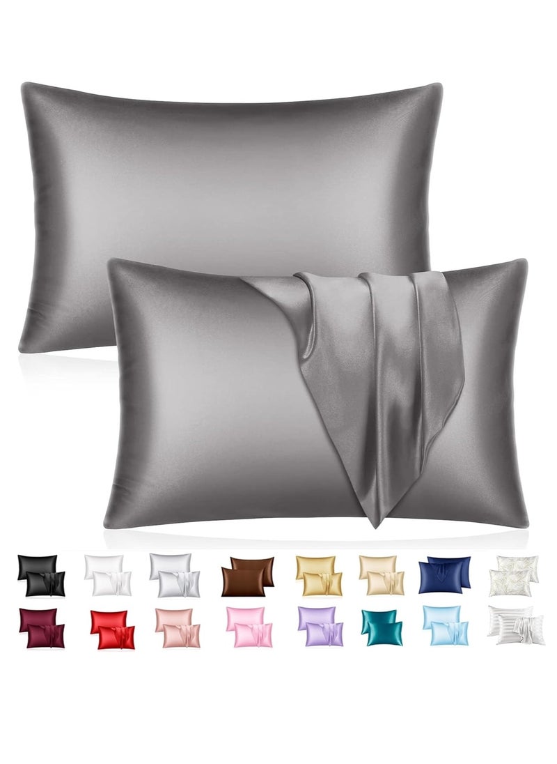 MahMir - MahMir® Silk Satin Pillowcase for Hair and Skin Queen - Dark Grey Silk Pillowcase 2 Pack 76L x 51W CM (20x30 Inches) - Satin Pillow Cases Set of 2 with Envelope Closure (Dark Grey) - Image 1