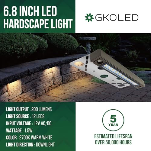 GKOLED 8-Pack Replaceable 6.8" LED Hardscape Lights, Low Voltage Retaining Wall Light, Paver Wall Hardscape Lighting, Outdoor Landscape Step Lights, 12VAC/DC 1.5W 2700K, Die-cast Aluminum Housing - Image 2