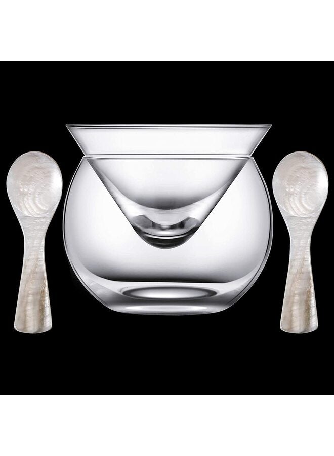Glass Caviar Chiller Server Set and 2 Pieces Caviar Spoons Spoon Mother of Pearl Caviar Spoons Round Handle for Caviar, Egg, Ice Cream, Coffee, Restaurant Serving - Image 1