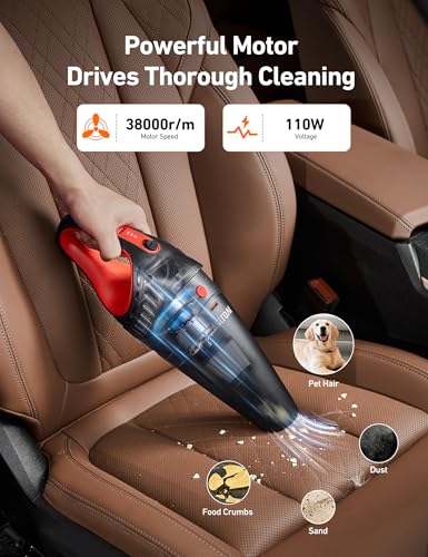 AstroAI V2 Mini Portable Cordless Handheld Car Vacuum Cleaner 6000mAh 12V DC LED Light Brush Extended Nozzle Hose Portable Handheld Vacuum for Car Home Office Pet Cleaning Red - Image 3