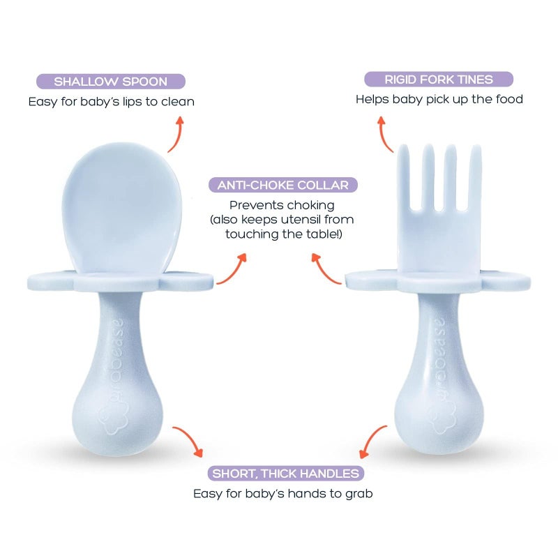 Grabease Baby Spoon & Fork Set with Case - Ergonomic Baby Utensils for Tiny Hands - Short Spoons for Self-Feeding - Training Fork for Toddlers - Ice Blue, Pack of 1 - Image 4