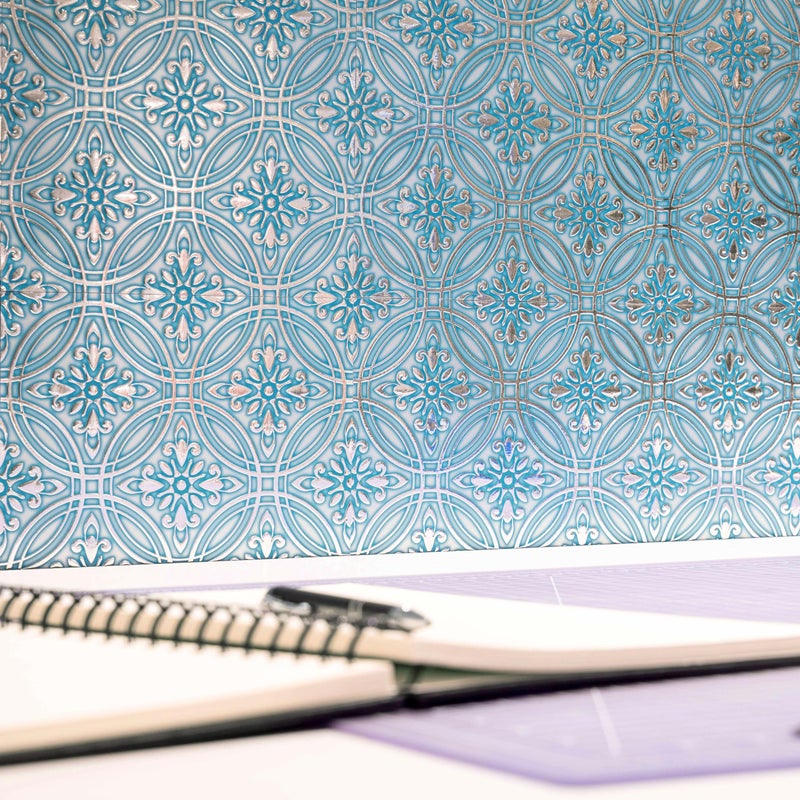 Main Street 24-Pack of 8 x 8" Wallpaper Tiles Peel and Stick Metallic Teal Painted Silver Design. Kitchen Backsplash, Renter Friendly, Paper Backsplash in Self Stick - Image 5